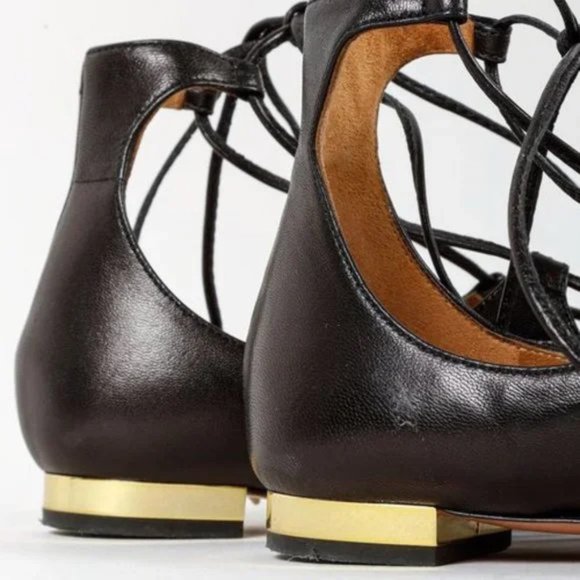 Aquazurra Christie Black Pointed Toe Leather Lace-Up Flats - Picture 9 of 10